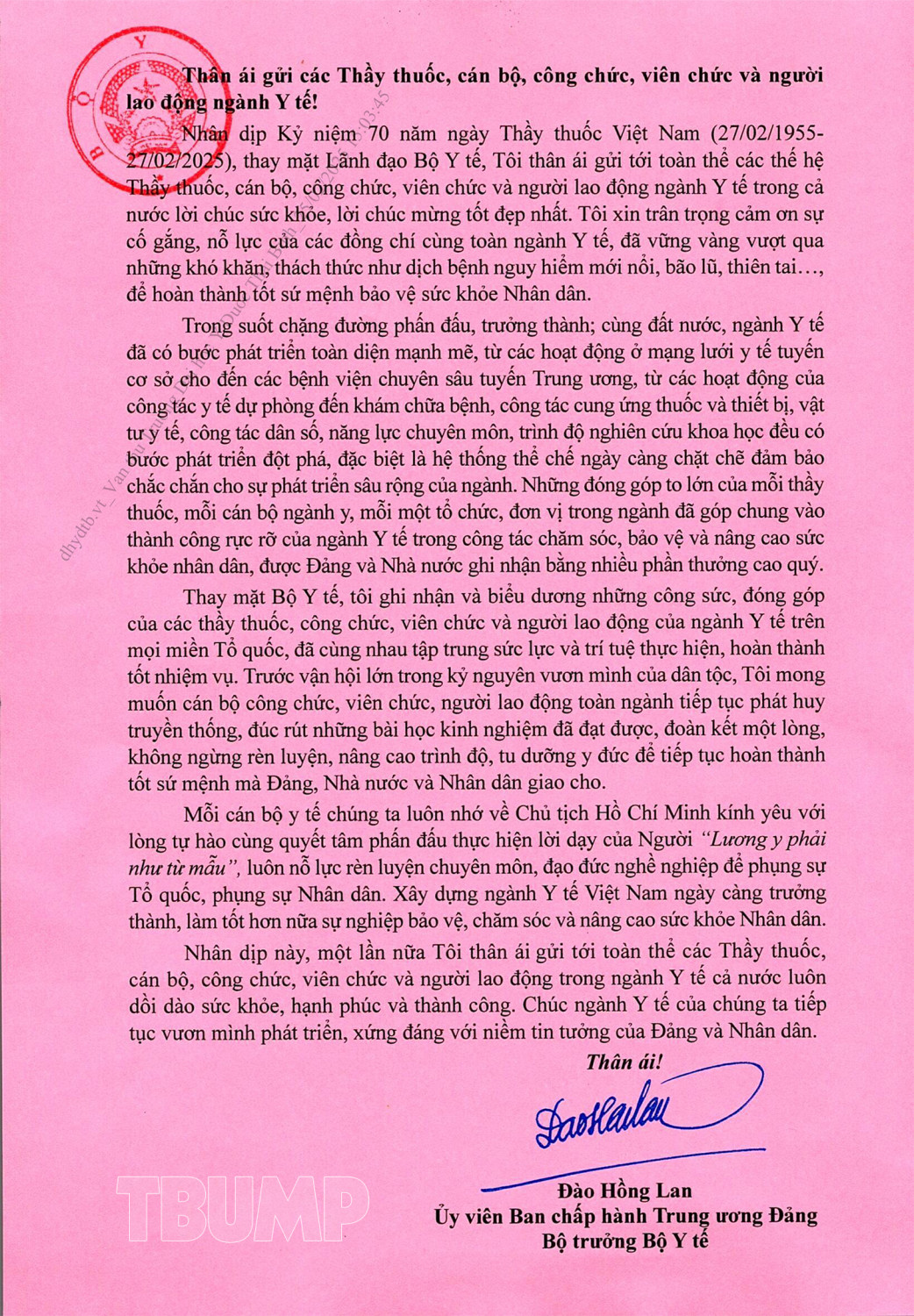 Thư của Bộ trưởng Bộ Y tế gửi các Thầy thuốc, cán bộ, công chức, viên chức và người lao động ngành Y tế nhân ngày Thầy thuốc Việt Nam