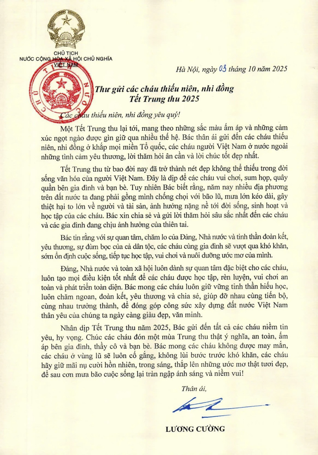 Thư của Chủ tịch nước Cộng hòa xã hội chủ nghĩa Việt Nam gửi các cháu thiếu niên, nhi đồng nhân dịp Tết Trung thu 2025