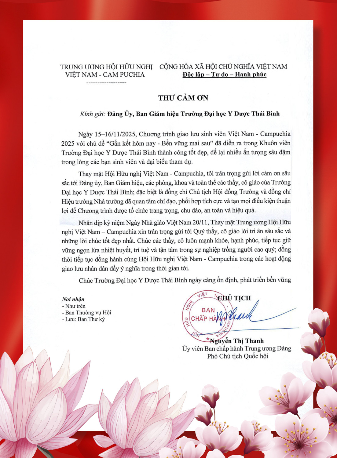 Thư cảm ơn của Trung ương Hội Hữu nghị Việt Nam - Campuchia