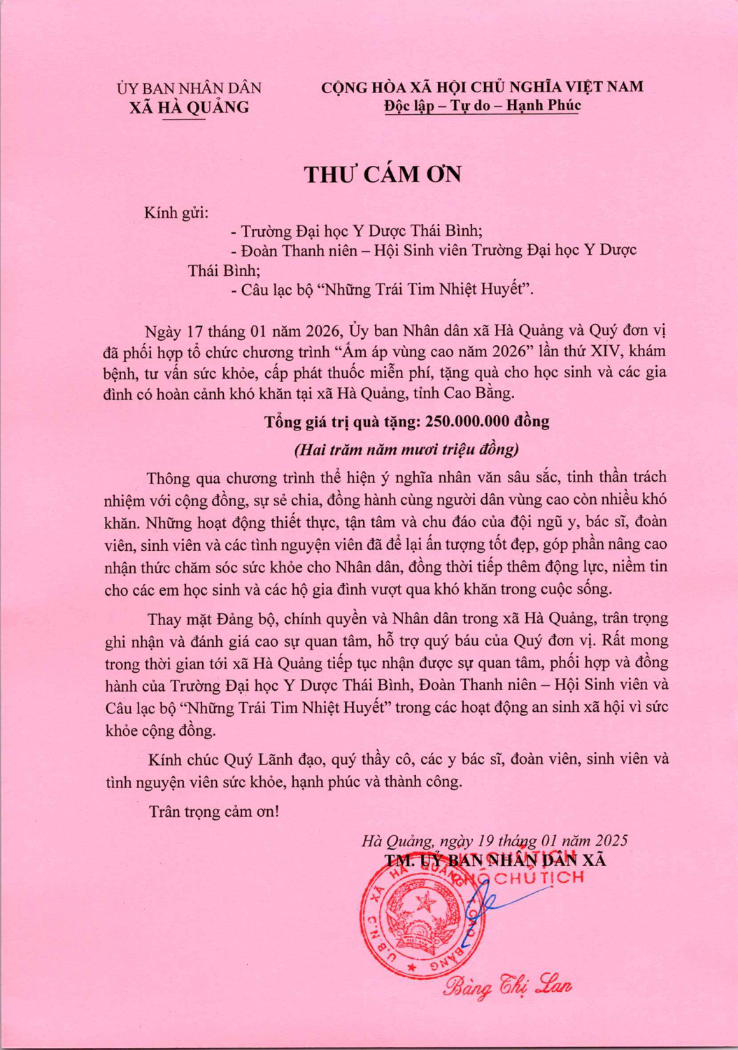 Thư cảm ơn của Ủy ban nhân dân xã Hà Quảng, tỉnh Cao Bằng