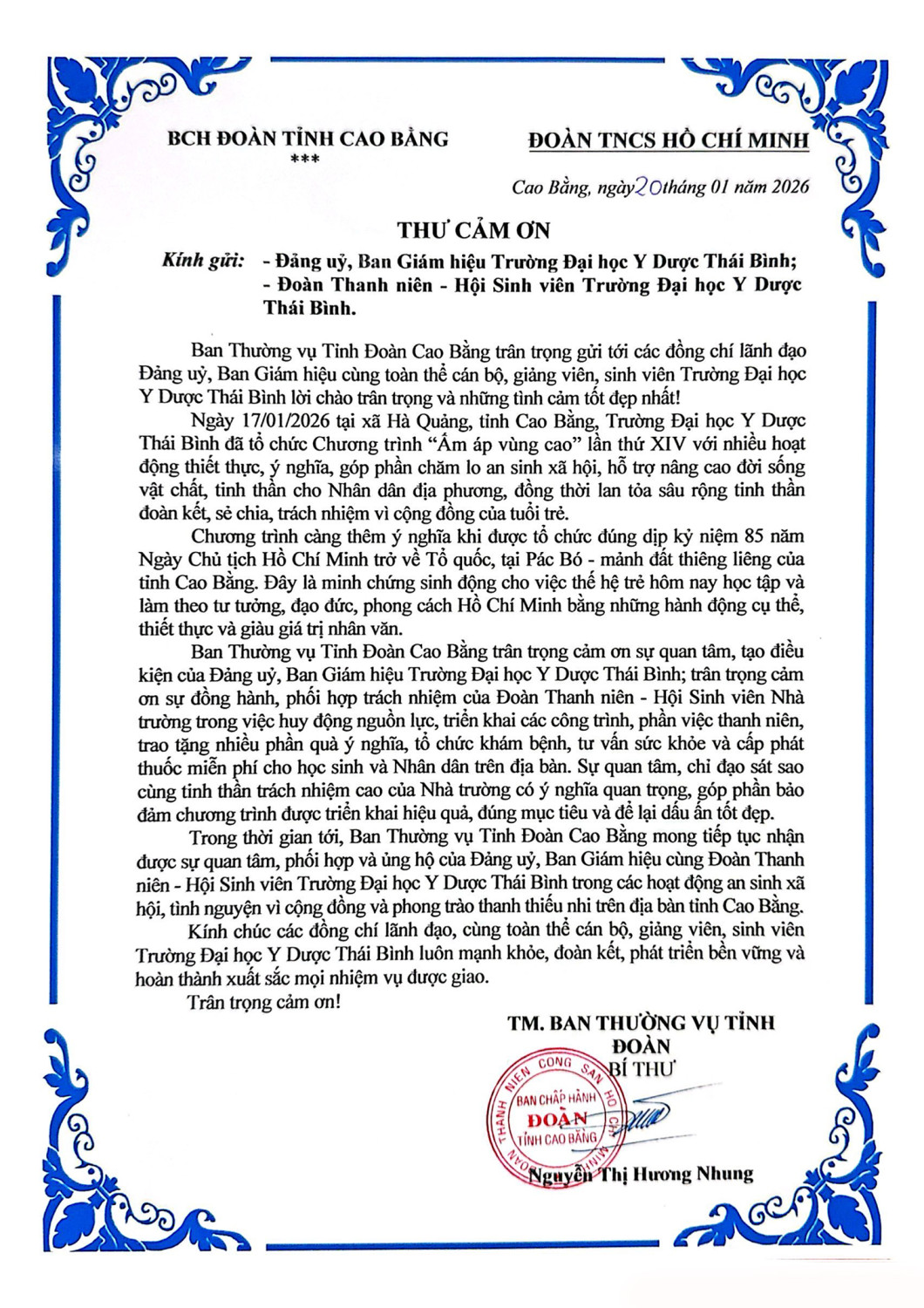Thư cảm ơn của Ban Chấp hành Đoàn tỉnh Cao Bằng